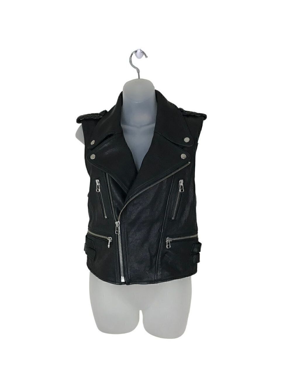 Faith Connexion Black Lamb Leather Biker Vest Size 36 (S)